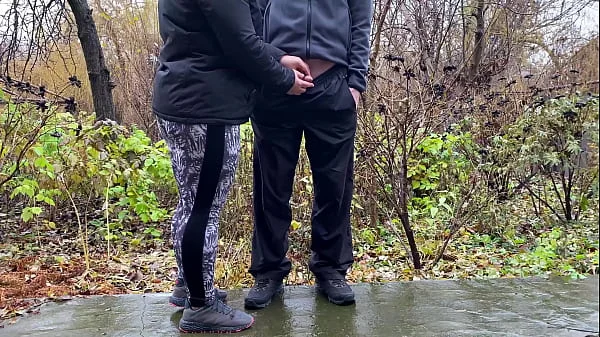 Sports stepmother-in-law after jogging in the park holds son-in-law's penis