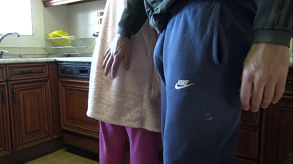 Mature stepmother let's me fuck her hairy pussy in the kitchen