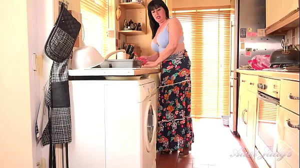 AuntJudys - Busty Full-Bush Janey gets hot and horny cleaning the kitchen